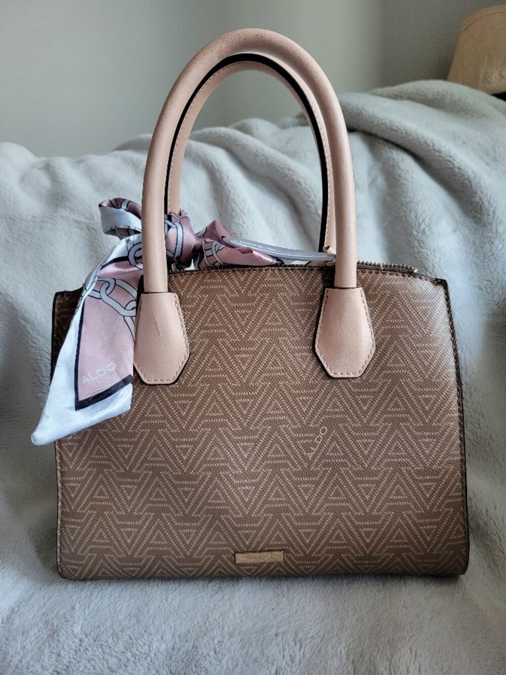 Aldo Taupe Chevron Print Tote Bag + Silk Scarf